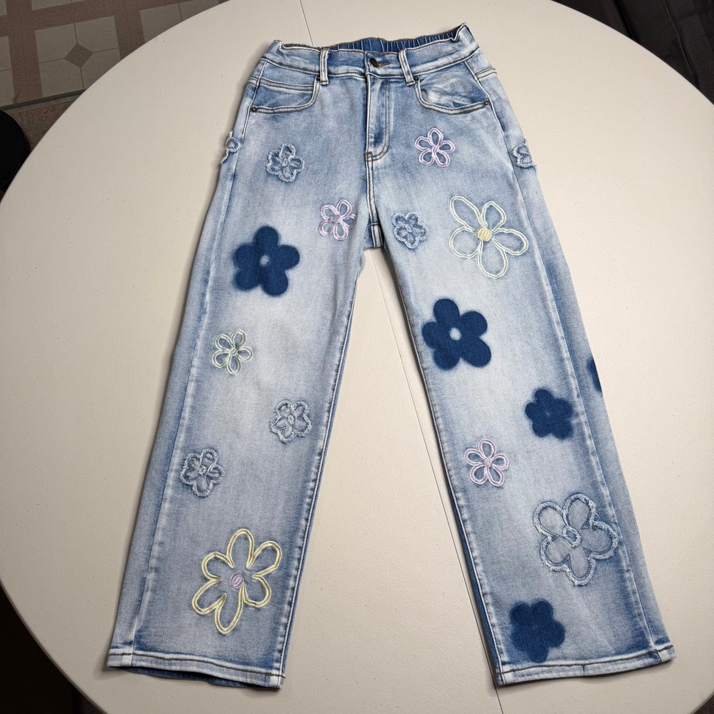 OH Jeans Womens Small Light Wash Floral Embroidered Straight Leg Jeans Y2K